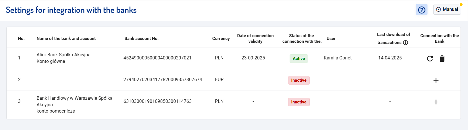 Bank accounts list interface