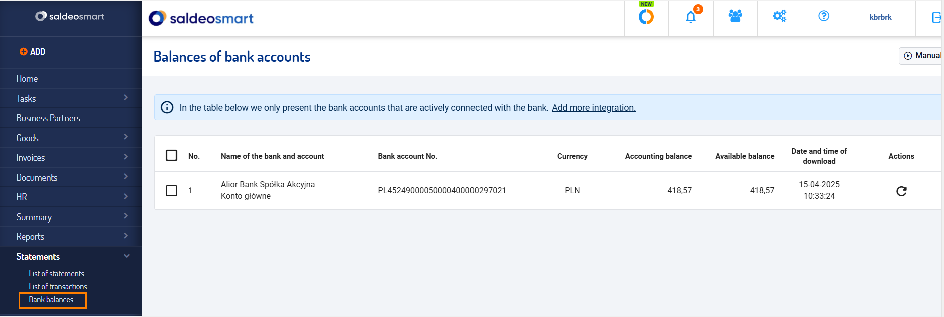 Account balance display
