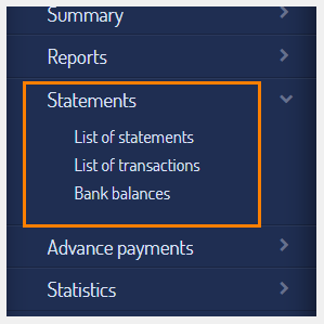 Bank statements menu in the side navigation