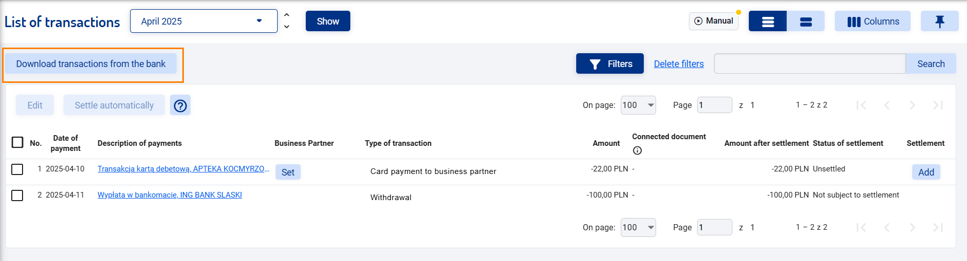 Manual transaction download button