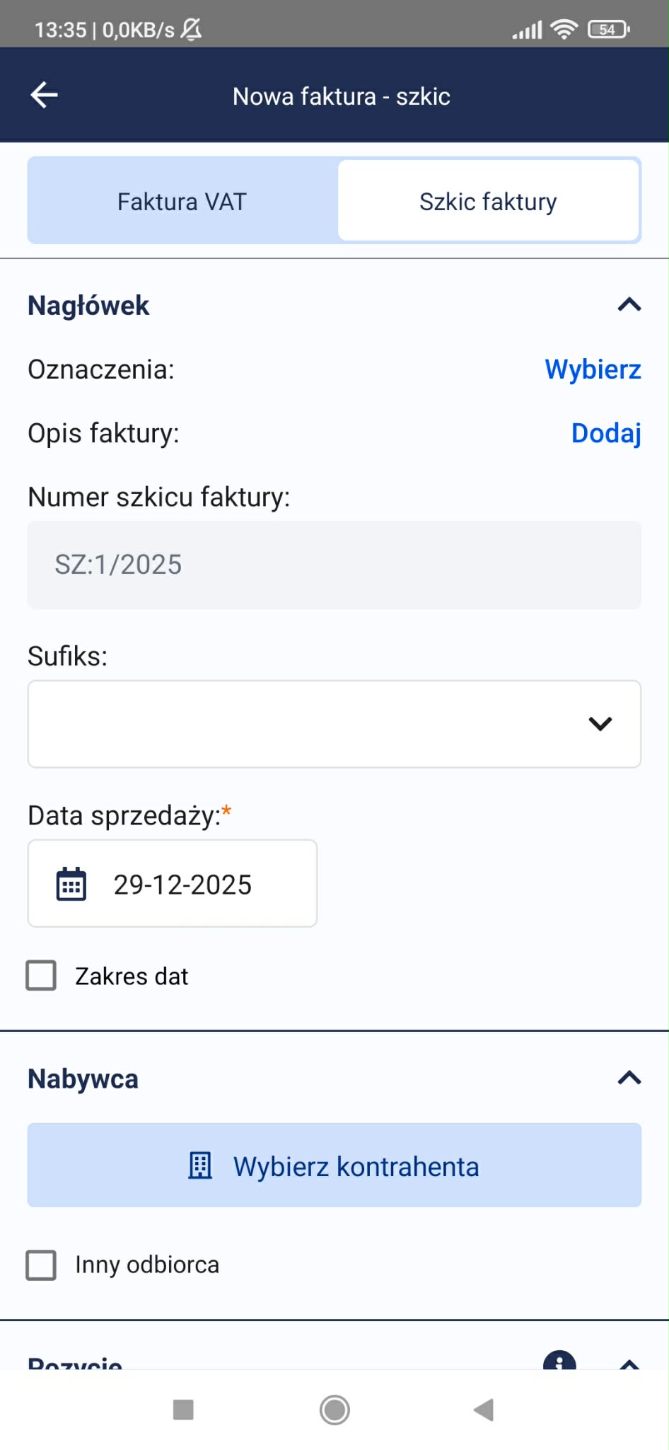 Formularz szkicu faktury