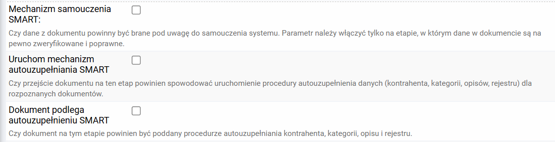 Fragment konfiguracji etapu obiegu z listą flag mechanizmów