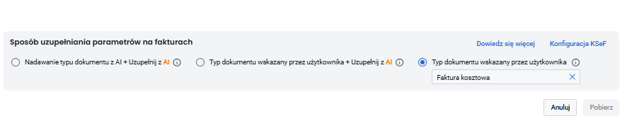 Lista trzech wariantów pobierania faktur z KSeF