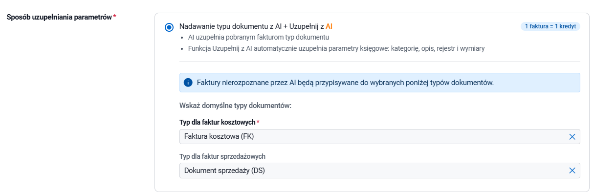 Pole wyboru typu domyślnego w Konfiguracji KSeF