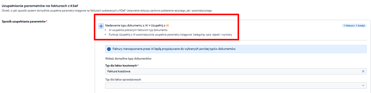 Wybór Opcji 1 – nadawanie typu dokumentu z AI