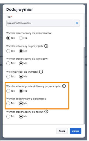 Sekcja ustawień wymiaru z flagami odczytu