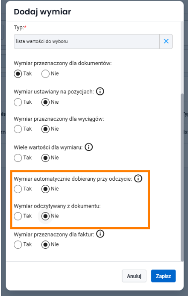 Ekran edycji wymiaru z dwiema flagami odczytu